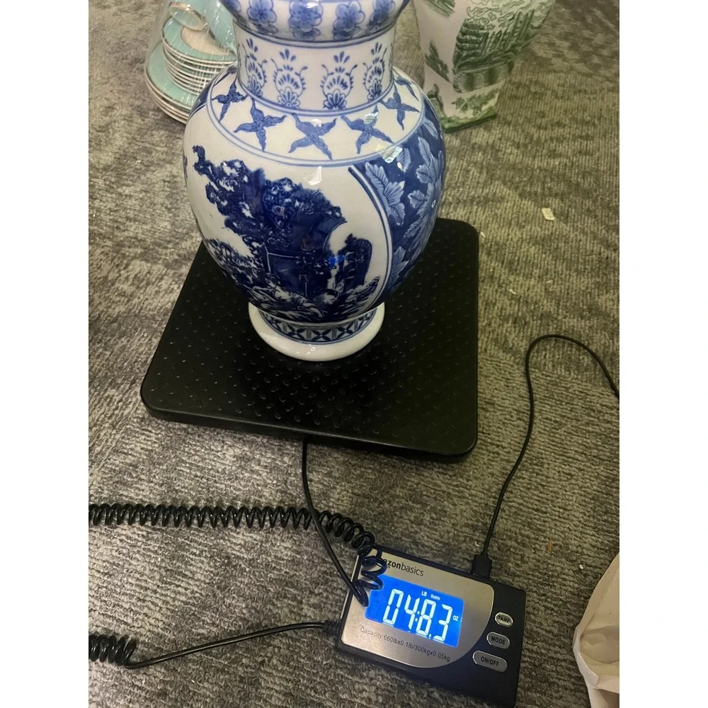 Vintage Blue and White Porcelain Vase Chinoiserie Pastoral Scene Floral 11 Inch